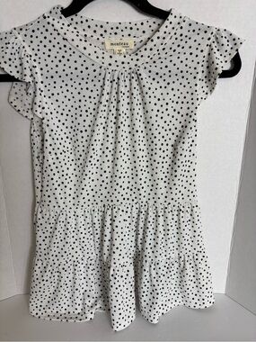 Monteau White Dress with Black Polka Dots and Ruffle Sleeves